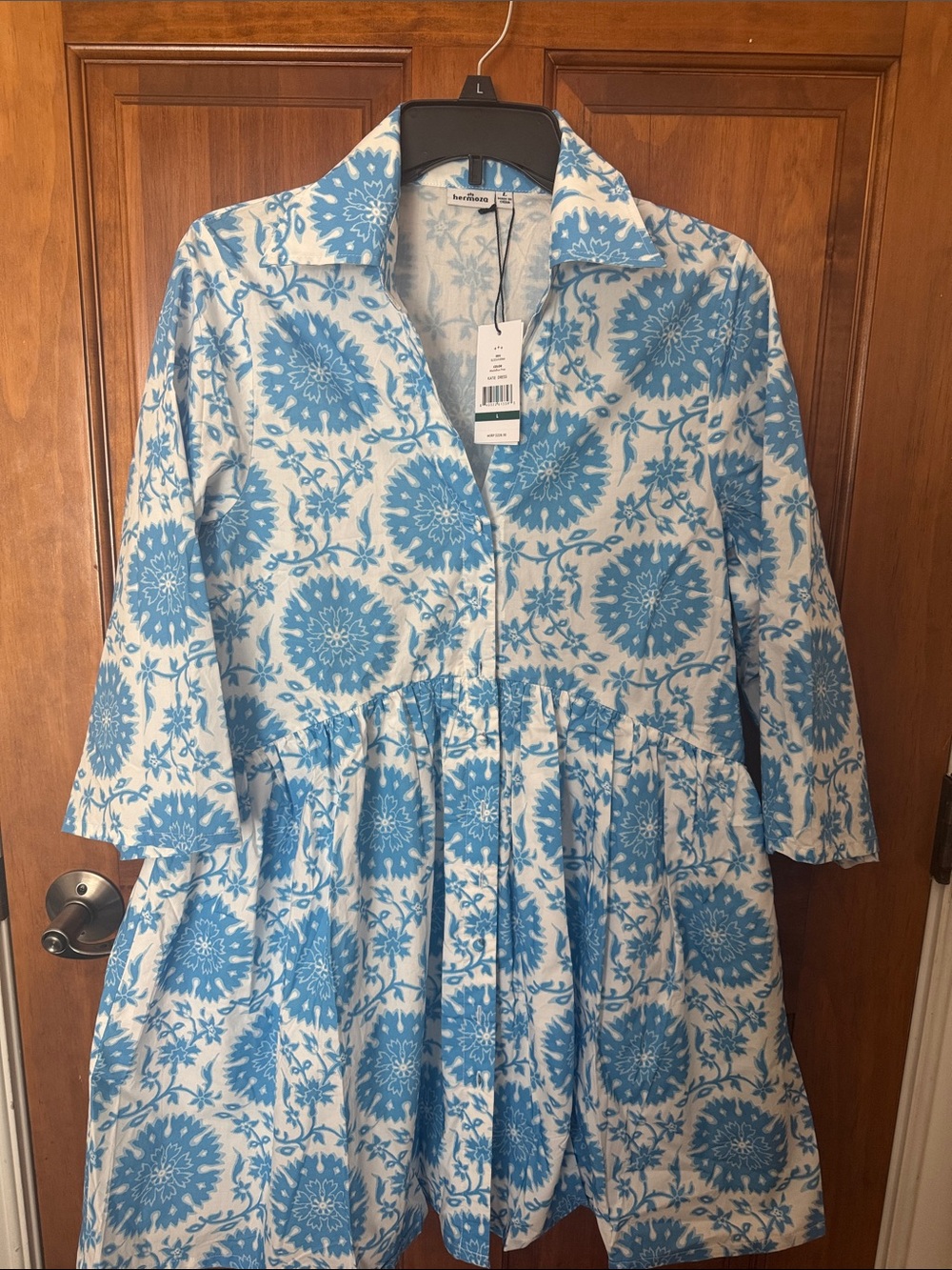 Hermoza Blue and White Floral Button-Front Dress